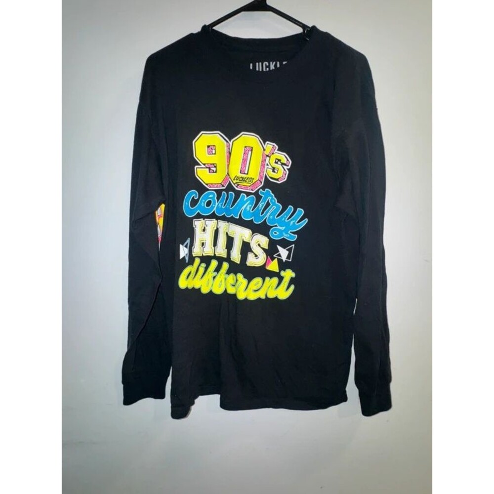 ‘90’s Country Hits Different’ Black Neon Graphic Long Sleeve Shirt-Size Large